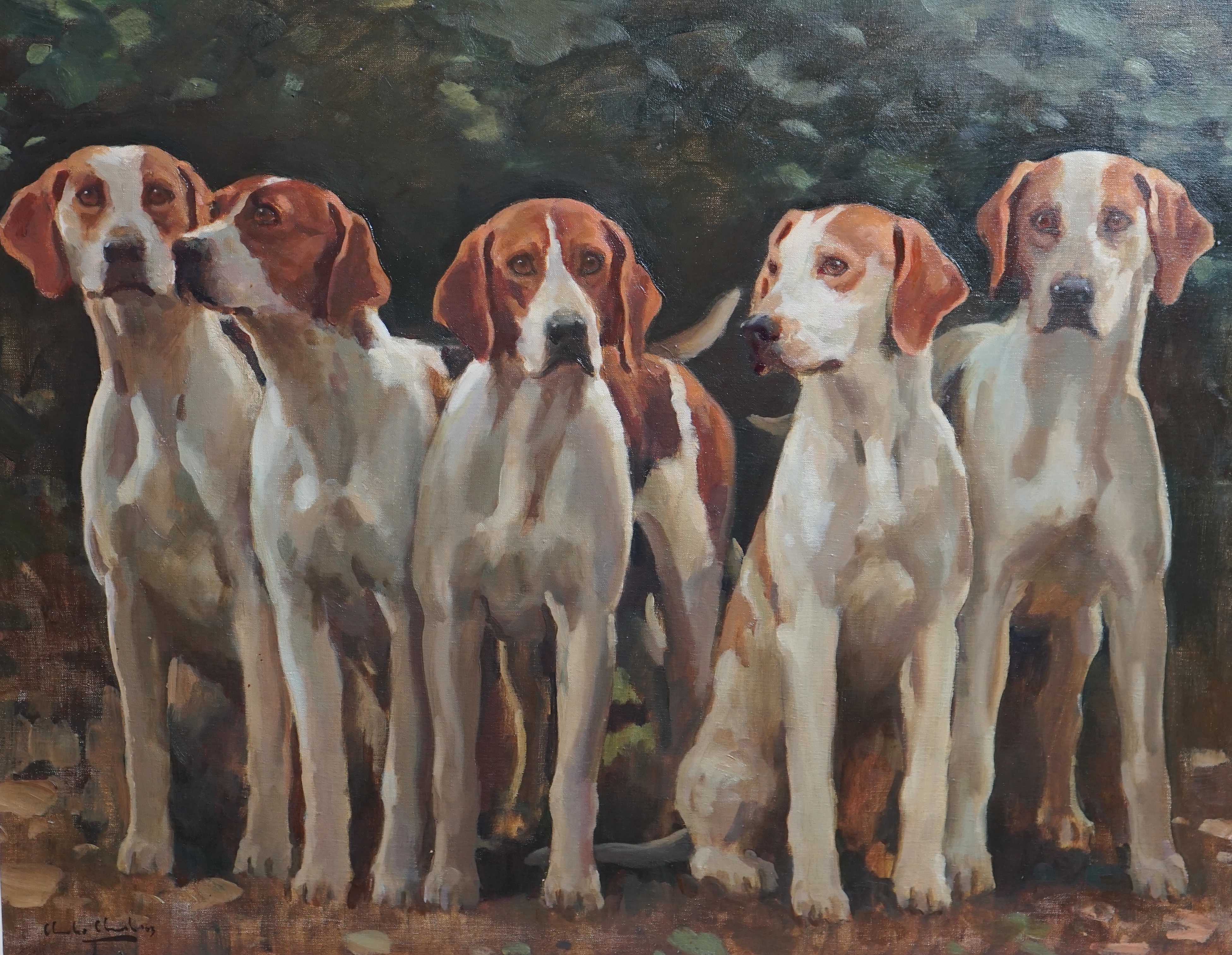 Charles Church (British, b.1971), Study of five hounds, oil on canvas, 60 x 75cm